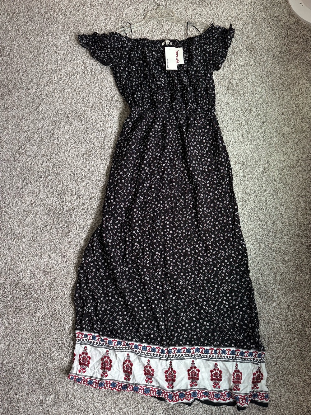 bleuh ciel Floral Maxi Dress with White & Red Hem